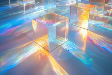 Glass cubes refract light, creating vibrant rainbow patterns on a reflective surface.