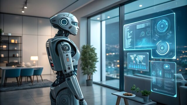 Futuristic Robot in Modern Apartment Observing Advanced Holographic Interface AI Concept - Powered by Adobe