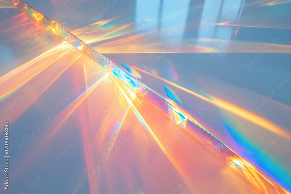 Poster abstract image showcasing iridescent light refracting through a translucent prism, creating vibrant,