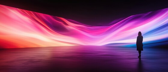 A figure stands before a vibrant, swirling display of colorful light, creating a mesmerizing and immersive atmosphere.