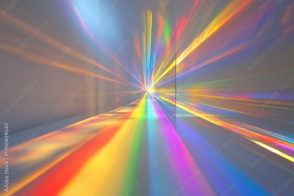 Poster a mesmerizing display of light refraction creating a vibrant, colorful tunnel effect within a minima