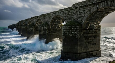 Ancient Stone Bridge Arches Endure Crashing Ocean Waves Under Dramatic Skies
