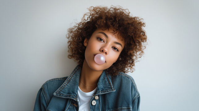 Smiling teenager girl with curly afro hairstyle, chewing gum bubble, trendy denim jacket, standing against minimalist white wall, youth lifestyle. teenage portrait, chewing gum bub