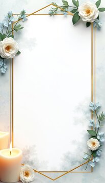 Elegant funeral flyer template features soft white roses, blue flowers, burning candles, gold geometric frame. Soothing background with watercolor wash adds calmness for memorial service,