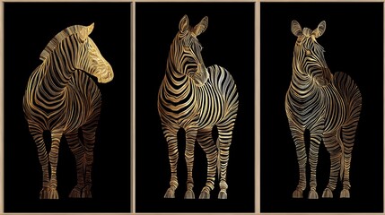 Obraz premium Three majestic zebras adorned with golden patterns against a stark black background