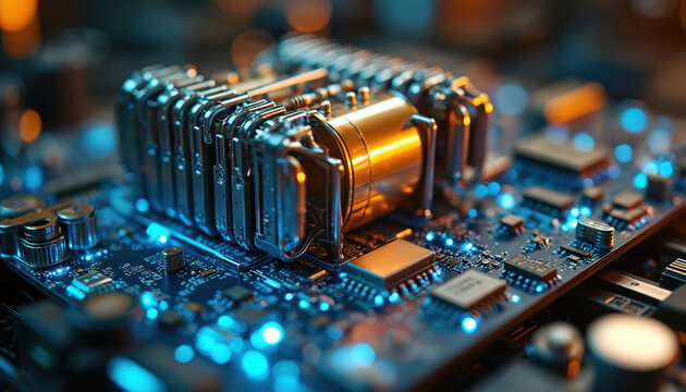 Close-up on advanced quantum computer processor. Metallic components, blue glowing lights on intricate circuit board. Future tech innovation for AI, encryption, complex problem solving.