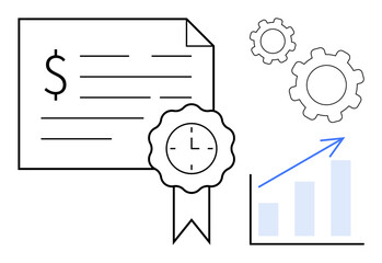 Certificate with dollar sign, badge with clock, three gear icons, and upward bar graph. Ideal for finance, business development, efficiency, achievement, investment productivity simple landing page