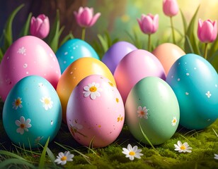 Colorful Easter eggs in a garden setting