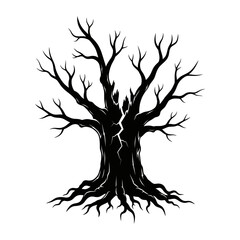 Vector art of detailed silhouette of a leafless tree, showcasing intricate branches and roots, ideal for naturethemed designs