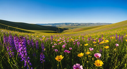 Obraz premium A vibrant wildflower meadow under a clear blue sky with rolling hills in the distant background view ai generated