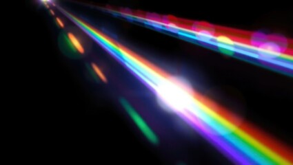 Blurred rainbow refraction overlay effect. Light lens prism effect on black background. Holographic reflection, crystal flare leak shadow overlay. Colorful rainbow disco ball light