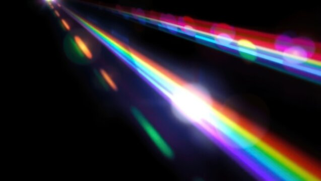 Blurred rainbow refraction overlay effect. Light lens prism effect on black background. Holographic reflection, crystal flare leak shadow overlay. Colorful rainbow disco ball light