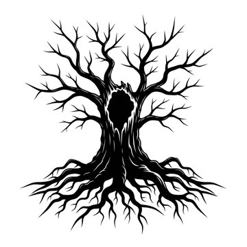 Vector art of silhouette of a spooky dead tree with gnarled roots and branches, , creating a haunting and eerie atmosphere