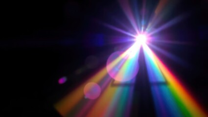 Blurred rainbow refraction overlay effect. Light lens prism effect on black background. Holographic reflection, crystal flare leak shadow overlay. Colorful rainbow disco ball light