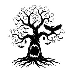 Vector art of scary halloween tree silhouette with a spooky face, bats, and an owl, a vector illustration for halloween
