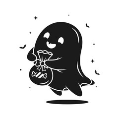 Vector art of a cute ghost with a smiling face is holding a bag of candies, perfect for halloween themed designs