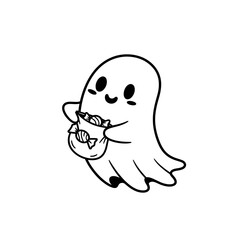Vector art of cute ghost holding a bag of candy halloween character with sweet treats adorable illustration for greeting card or invitation