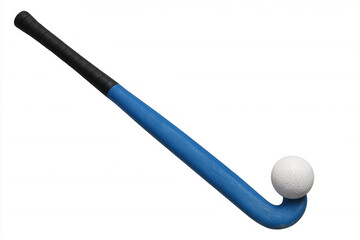 Blue field hockey stick balancing a white ball on its end, isolated on a transparent background, ready for action