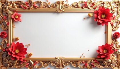 Ornate 3D gold frame border design with oriental swirls, red floral accents. Ideal for elegant invitations, certificates, decorative displays on clean white background. Features decorative elements,