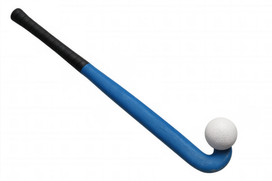 Blue field hockey stick balancing a white ball on its end, isolated on a transparent background, ready for action