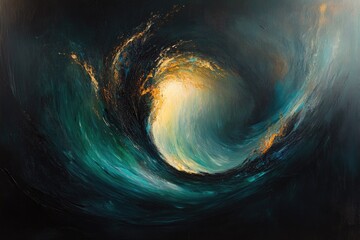 Abstract swirling ocean wave painting with teal, gold, and dark tones.  A mesmerizing vortex of color and texture.