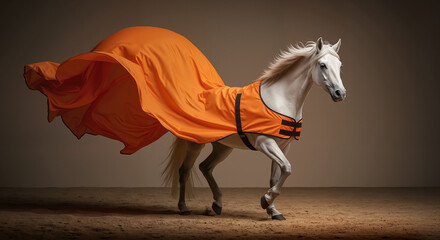 Elegant white horse wearing a bright orange travel cape with stripes - Concept of Workwear and work equipment outside the usual context - B2B marketing  