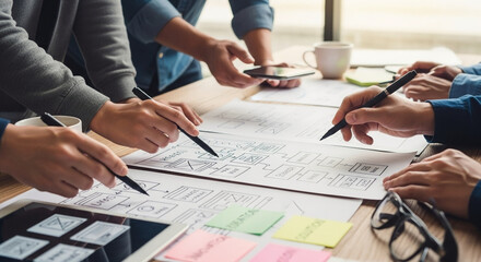 Team collaborating on a project, brainstorming ideas with documents and technology on a table, showcasing a creative process and strategic planning