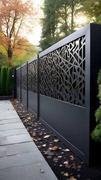 Intricate metal garden fence with geometric laser cut design enhances outdoor landscaping and