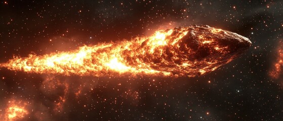 Fiery asteroid in space conceptual depiction of a celestial object and flaming trail