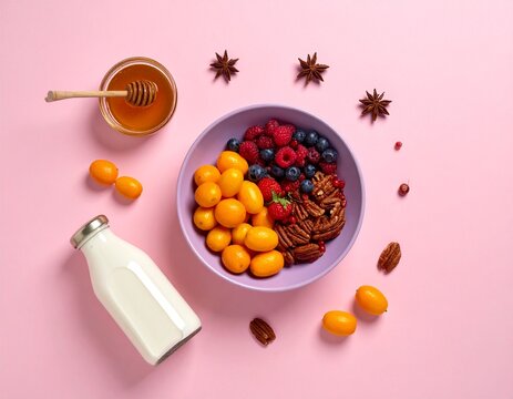 Fresh Fruits And Milk On Table