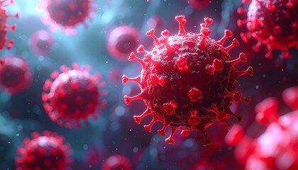 Close-up view of red virus particles