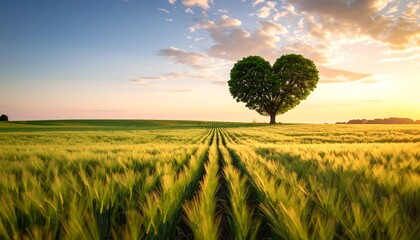 Heart-shaped tree in a golden wheat field at sunset