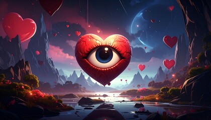Heart with eye floats over a serene landscape