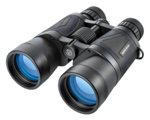 Black Binoculars with Blue-Tinted Lenses – Modern Optical Device Featuring Central Focus Wheel, Textured Grip, and Anti-Reflective Coating for Outdoor Gear Branding