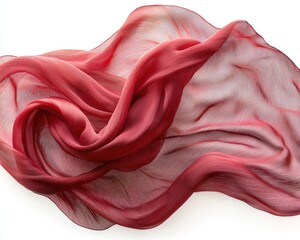 A vibrant crimson silk scarf billows dramatically against a stark white background