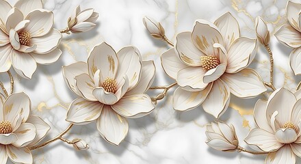 Elegant white magnolia flowers with gold accents on a marble background