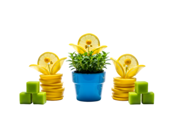 Creative arrangement of golden bitcoin symbols and green cubes with a potted plant symbolizing digital currency growth Tansparent Background