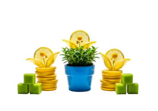 Creative arrangement of golden bitcoin symbols and green cubes with a potted plant symbolizing digital currency growth Tansparent Background