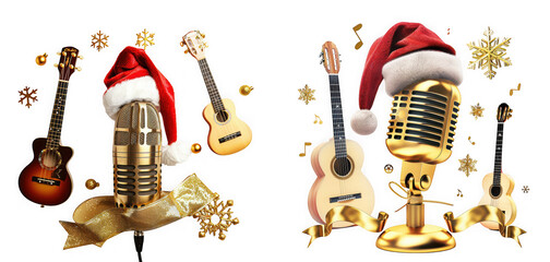 Christmas music concept with guitars, vintage microphones, santa hats, musical notes, and snowflakes, isolated on transparent background