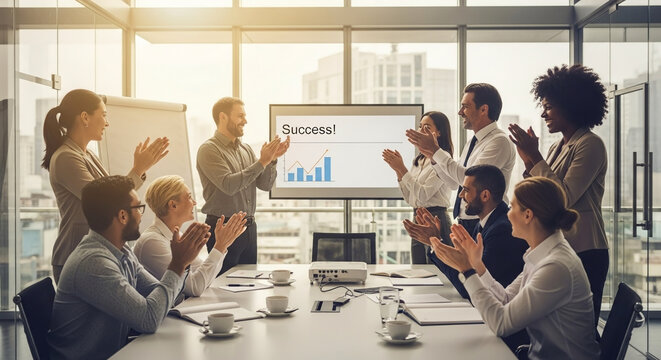 Business team celebrates success in conference room, applauding at a successful presentation with 'Success' on screen, teamwork