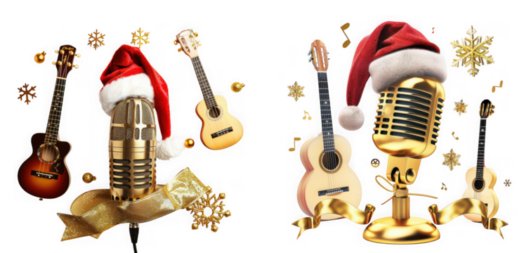 Christmas music concept with guitars, vintage microphones, santa hats, musical notes, and snowflakes, isolated on transparent background