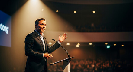 Confident male speaker addressing a large audience from a brightly lit stage during a presentation or conference event