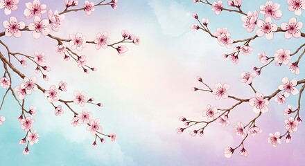 Fototapeta premium Soft pink cherry blossoms blooming on branches against a pastel sky