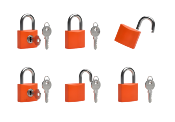 Set of six orange padlocks with keys showing locked and unlocked states isolated on a dark surface for security concepts Tansparent Background