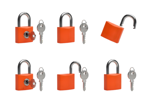 Set of six orange padlocks with keys showing locked and unlocked states isolated on a dark surface for security concepts Tansparent Background