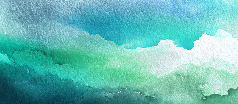 Acuarela abstracta en tonos azules, verdes y blancos con textura de papel visible, formas org&aacute;nicas fluidas y degradado suave que evoca agua, hielo o cielo en una composici&oacute;n art&iacute;stica relajante.