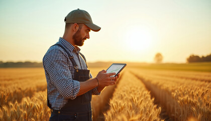 Farmer uses tablet in golden barley field at sunset. Modern agribusiness, smart farming technology. Adult male reviews crop data, plans for growth, checks productivity. Rural, sustainable farm