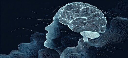 A profile view of a human head, with a brain rendered as lines and light, overlaid on abstract, flowing lines and dots.