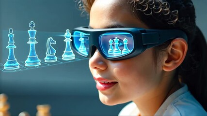 A close-up of a chess coaching session using augmented reality glasses, move possibilities visualized in the air, a young player using virtual assistant to win.
