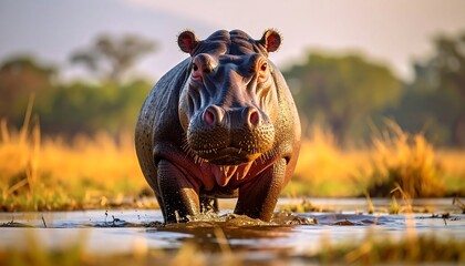 Hippopotamus in shallow water at sunrise